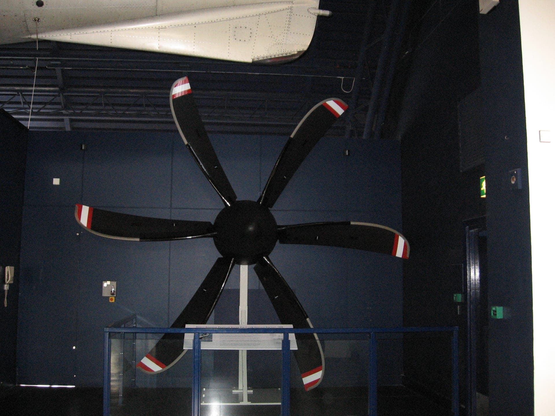 Close-up of a C-130J Super Hercules six-blade composite propeller