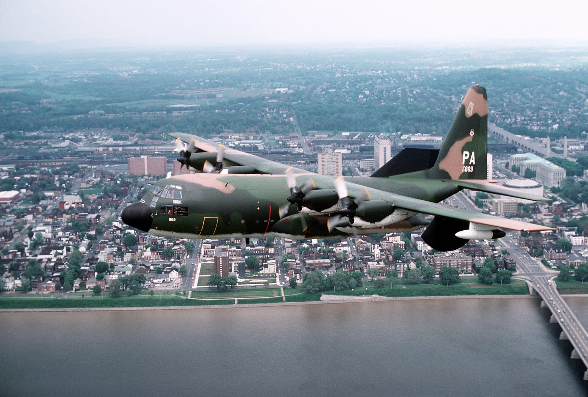 An EC-130E of the Pennsylvania Air National Guard over Harrisburg in 1980