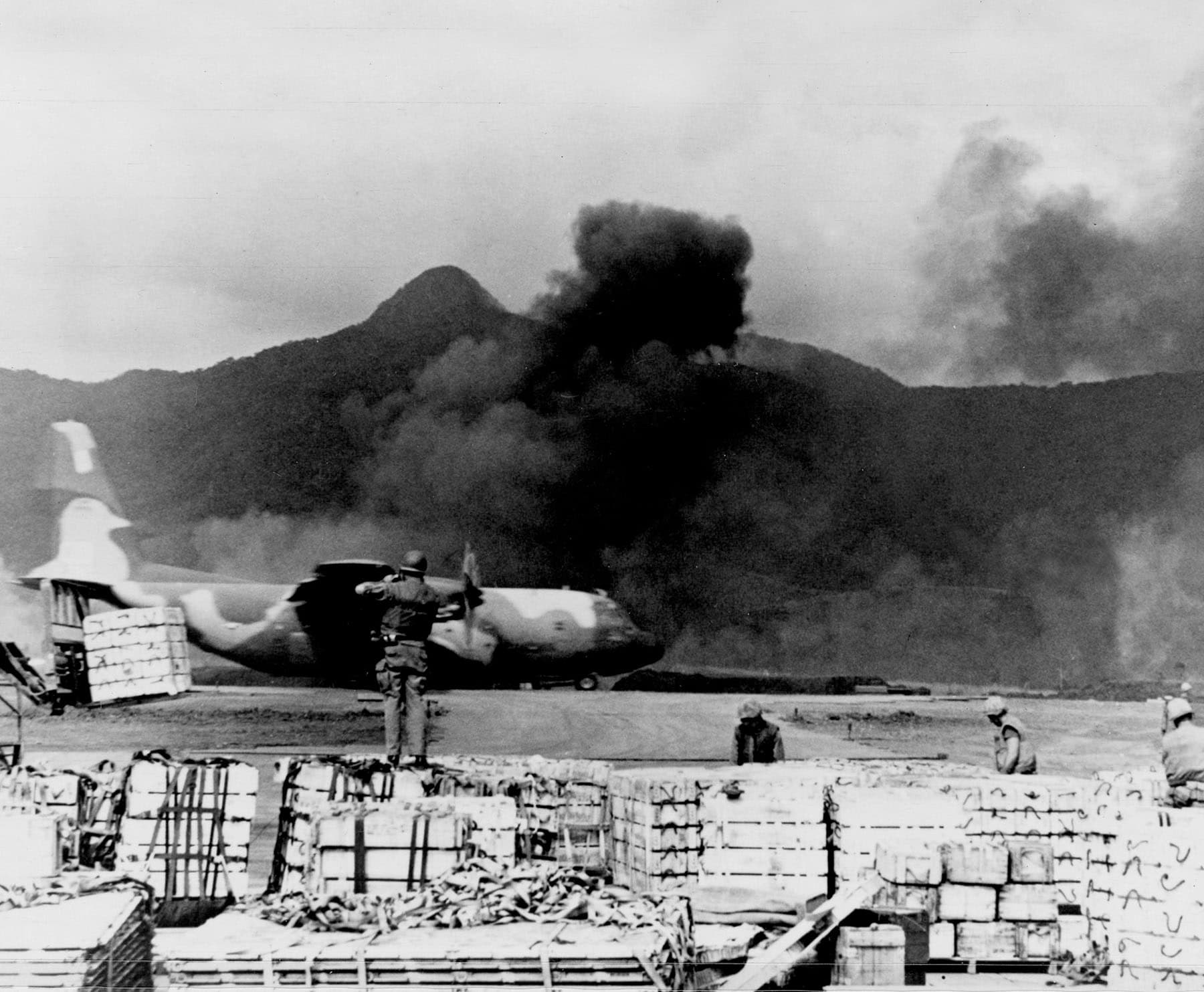 A C-130 Hercules taking off from the besieged airstrip at Khe Sanh, South Vietnam, 1968