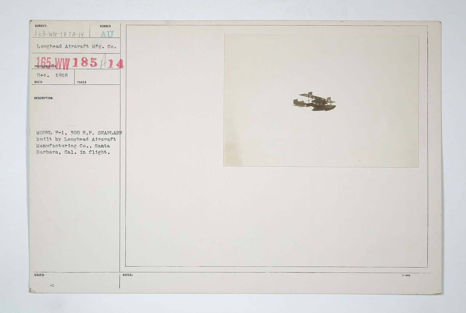 The Loughead F-1 twin-engined flying boat in flight low over the water off Santa Barbara
