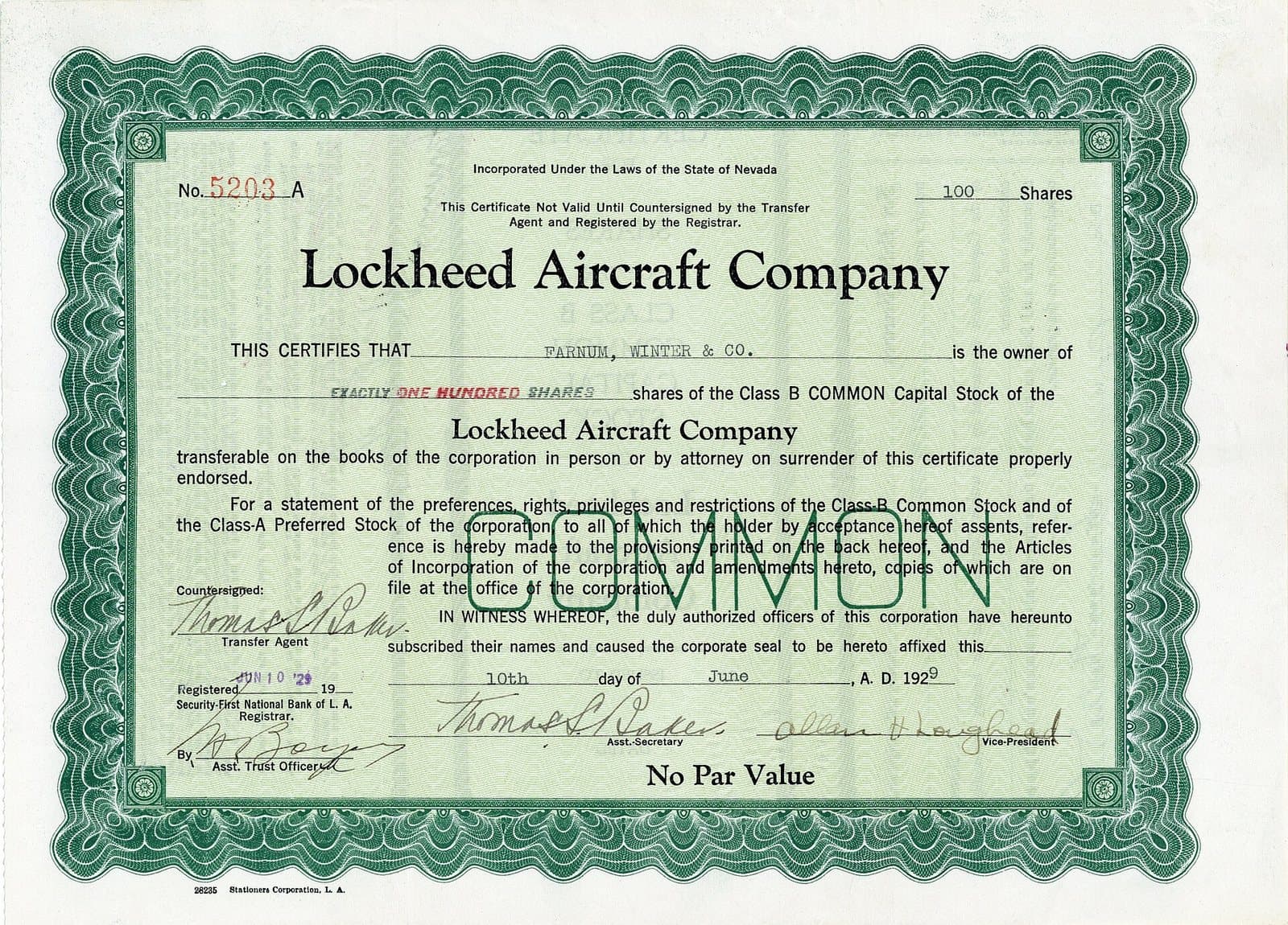 A Lockheed Aircraft Company stock certificate for 100 shares, dated 10 June 1929, with an engraved vignette