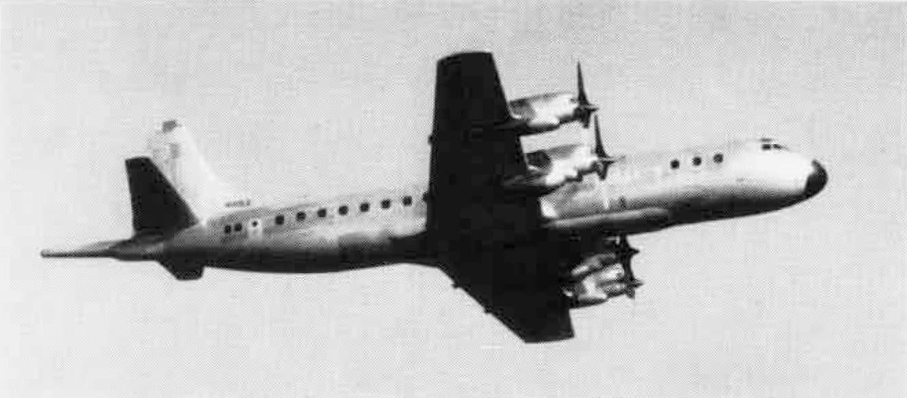 The aerodynamic prototype of the Lockheed P3V Orion, a converted Electra airliner, in flight in 1958